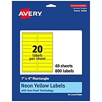 Avery Printable Rectangle Labels, Sure Feed Technology, 1" x 4", Neon Yellow, Laser/Inkjet Printable