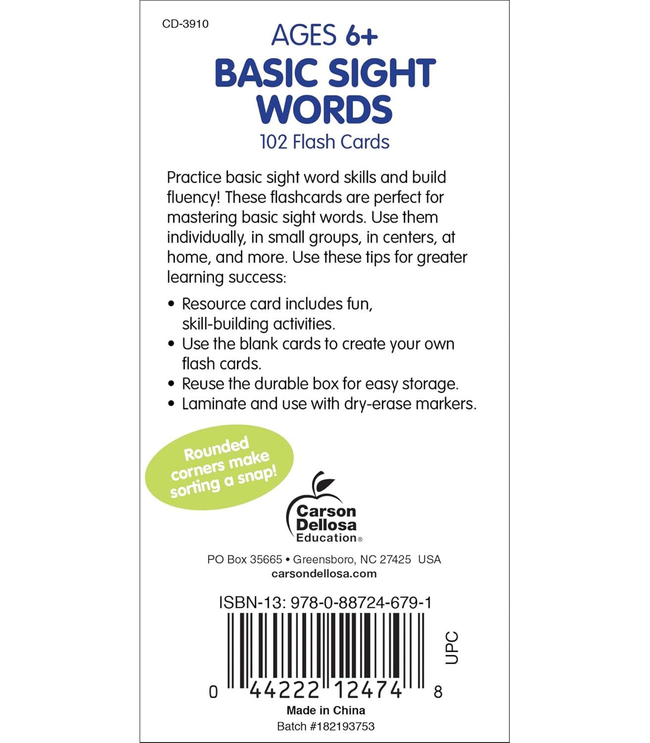 Carson Dellosa 102 Basic Sight Words Flash Cards Kindergarten, Flashcards for Kids Ages 6 and Up