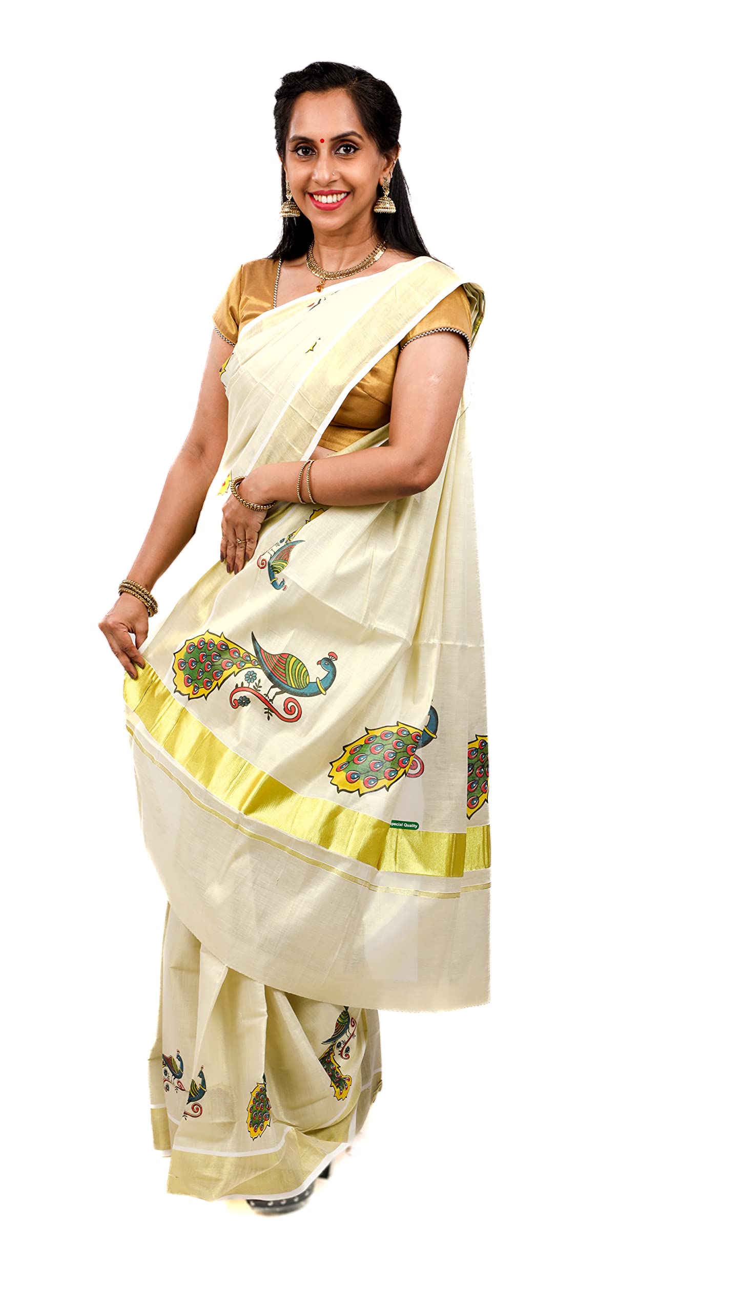 Kuthampully Women's Kasavu Tissue Cotton Saree With Running Blouse - Multi color KPSS-297