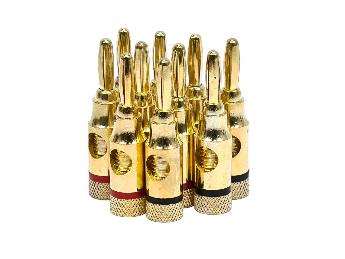 Monoprice 109437 5PRJX74047 Gold Plated Speaker Banana Plugs – 5 Pairs – Open Screw Type, For Speaker Wire, Home Theater