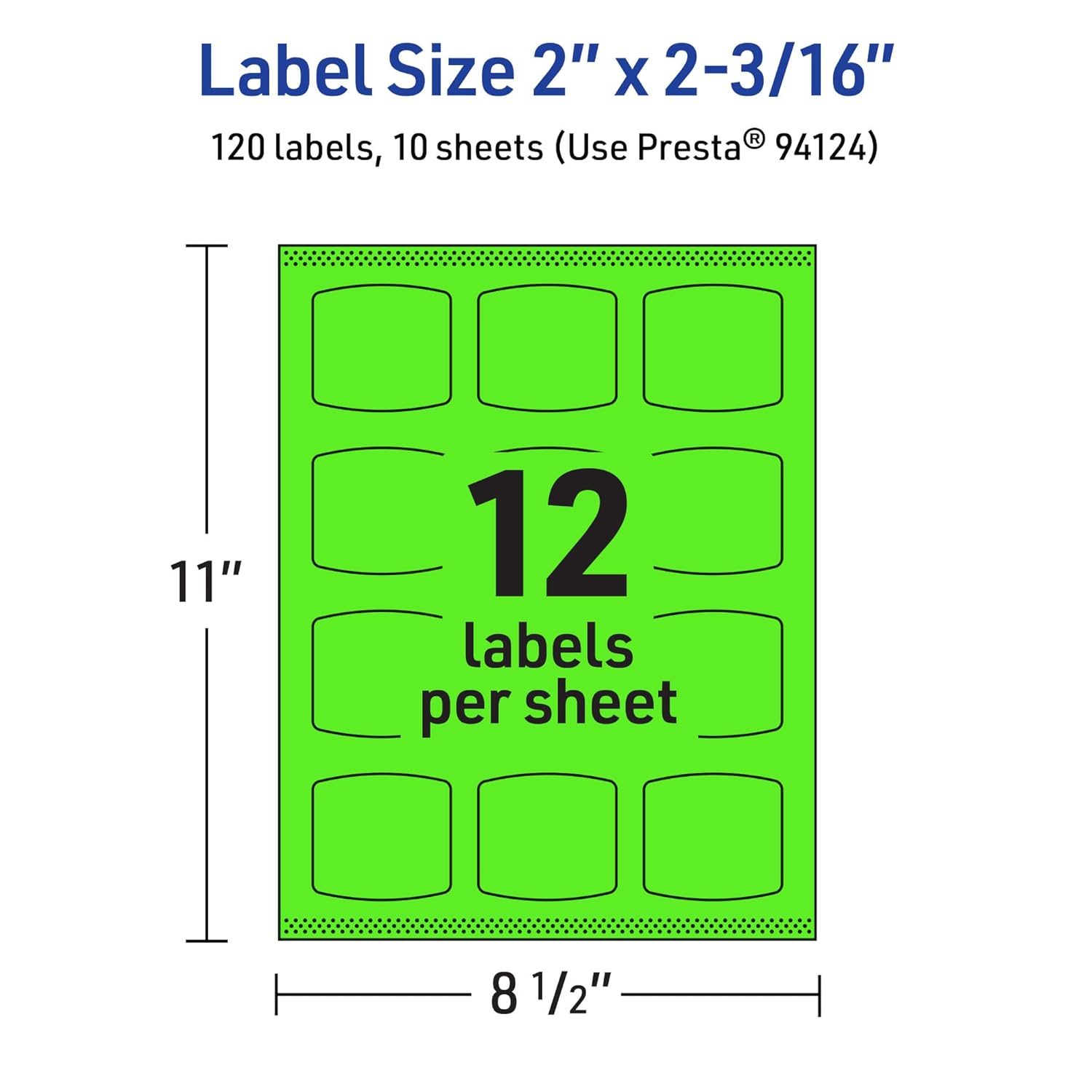 Avery Printable Arched Square Labels with Sure Feed Technology, 2 in. x 2-3/16 in., Neon Green, Print-to-The-Edge