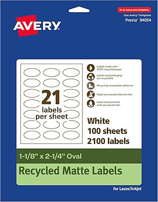 Avery EcoFriendly Matte White Recycled Oval Labels 1-1/8 x 2-1/4