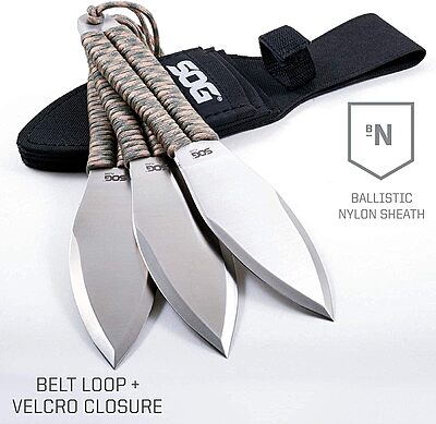 SOG Fling Throwing Knives- 3 Pack Balanced Throwing Knife Set with 2.8 Inch Steel Blades and 7 Feet Paracord Wrapped