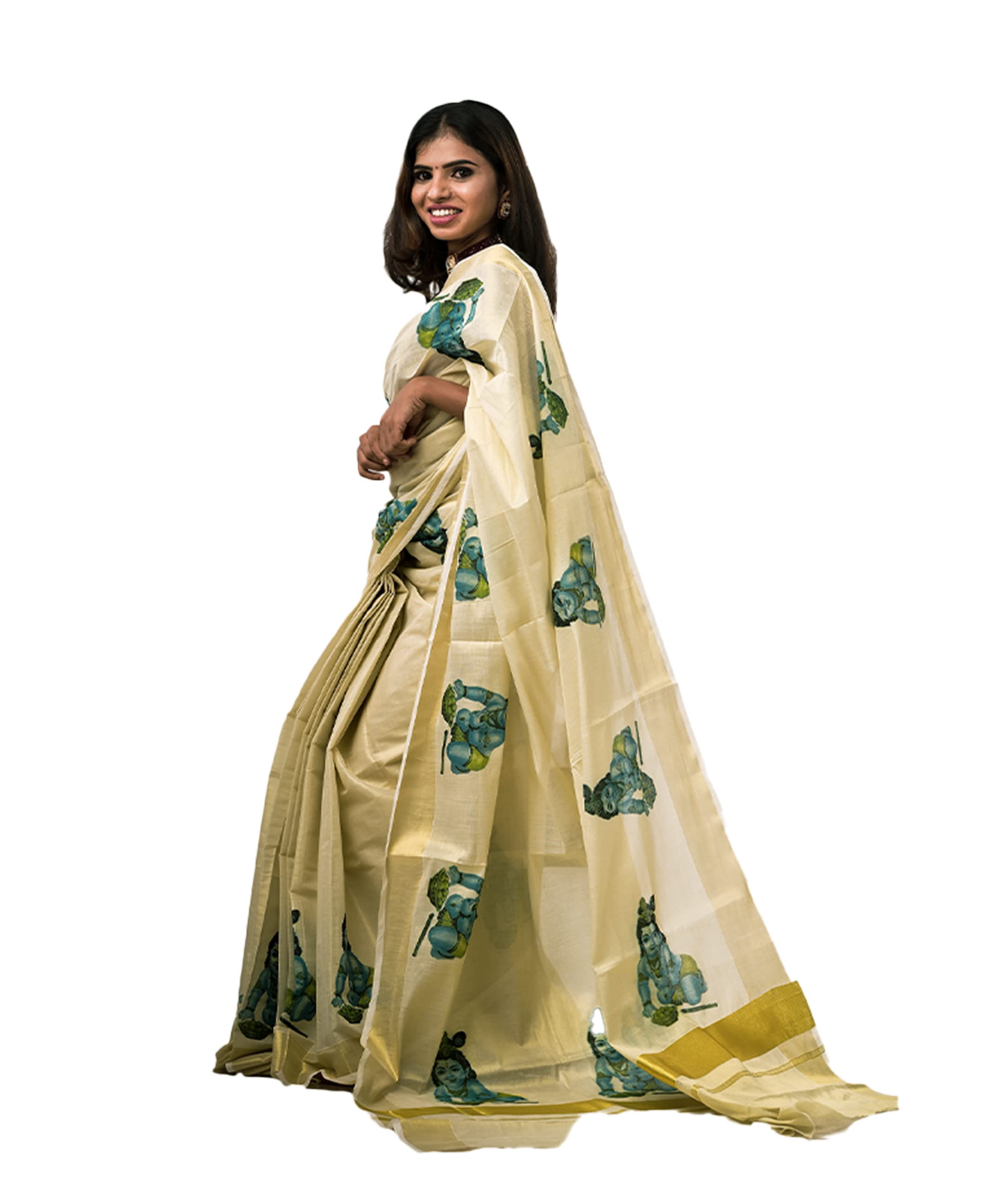 Kuthampully Kerala Kasavu Saree Tissue Mural Painted | Traditional South Indian Saree | Onam Saree - Multi Color KTM-620