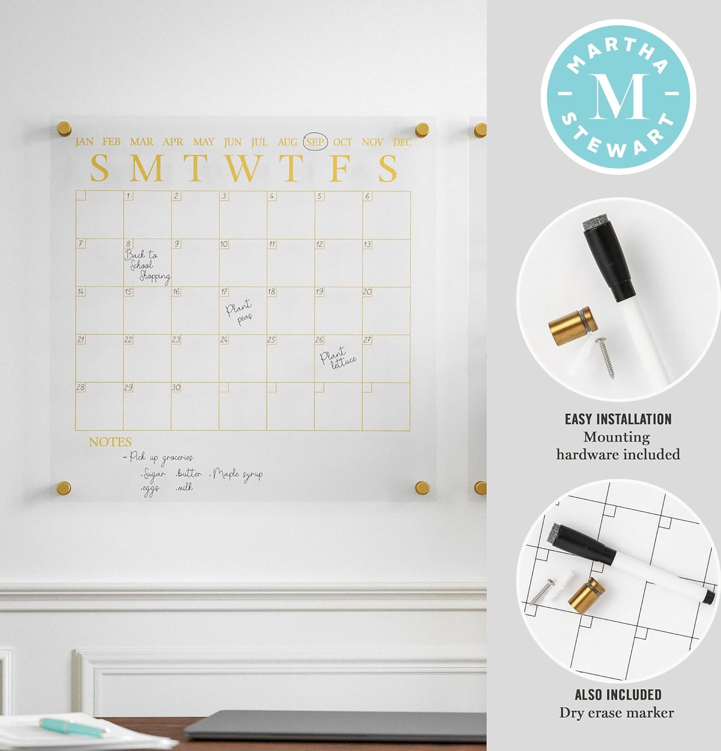 Martha Stewart Grayson Acrylic Wall Calendar and Notes Board with Dry Erase Marker