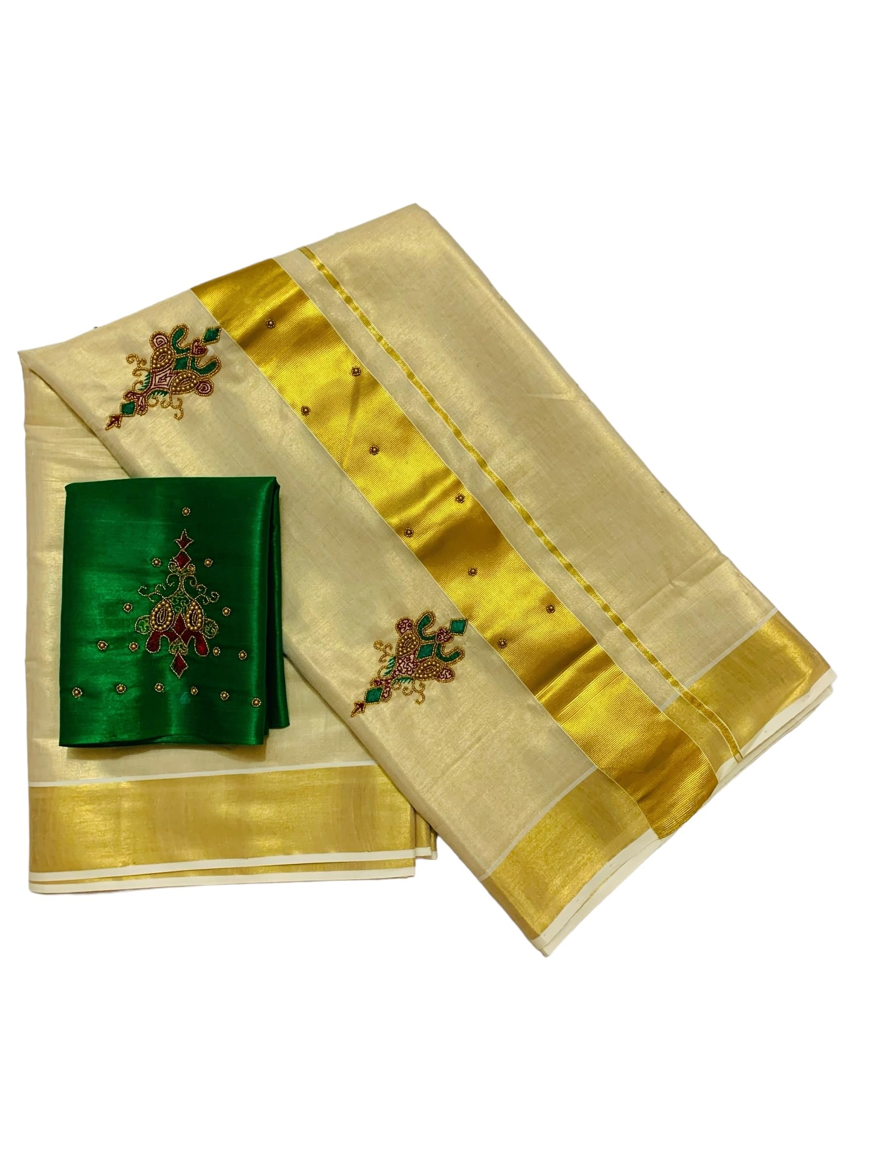 Kuthampully Kerala Kasavu Saree Tissue | Traditional South Indian Designer Indian Saree | Onam Saree | Kerala Saree - EKM-834 (Green)