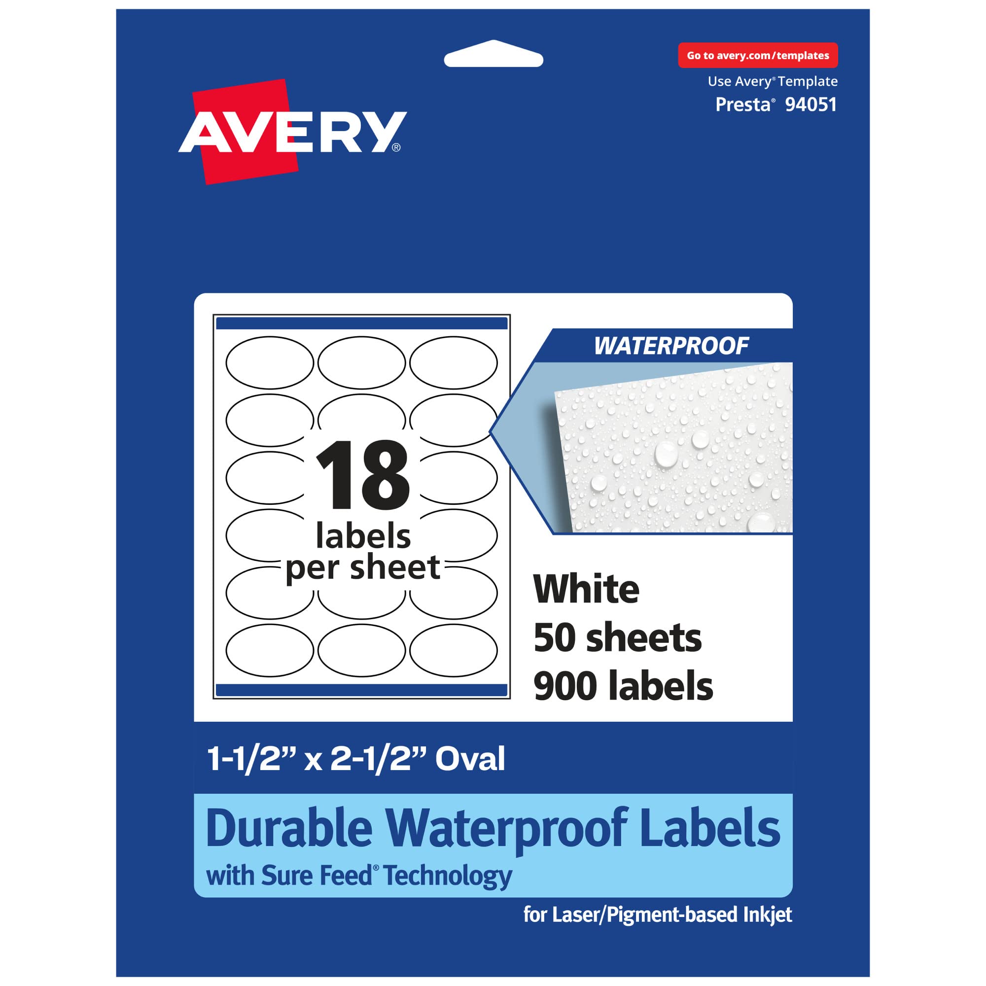 Avery Durable Waterproof Oval Labels with Sure Feed, 1.5" x 2.5"