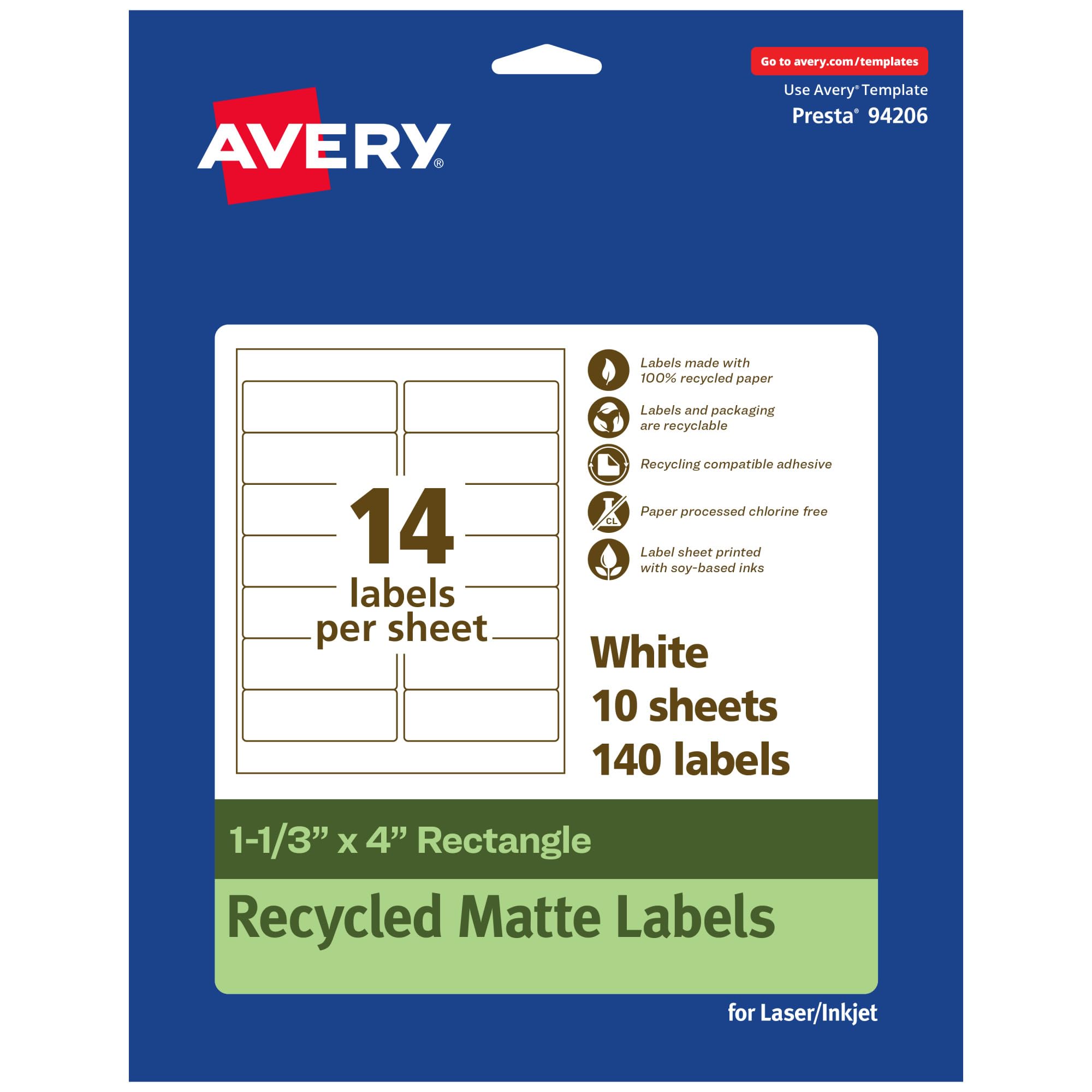 Avery EcoFriendly Matte White Recycled Rectangle Labels, 1-1/3" x 4", Matte White Labels, Permanent Adhesive, Laser/Inkjet Printable, 140 Total 140 labels