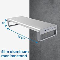 OTM Essentials Slim Aluminum Monitor Stand, Desk Riser with Non-Slip Padding and Tilted Surface, Versatile Home Office Essentials, Equipped with 4 USB Ports Desktop Monitor
