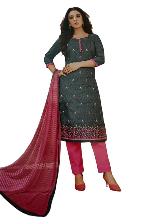Unstitched Salwar Kameez Set with Dupatta, Grey with Pink Floral Embroidery