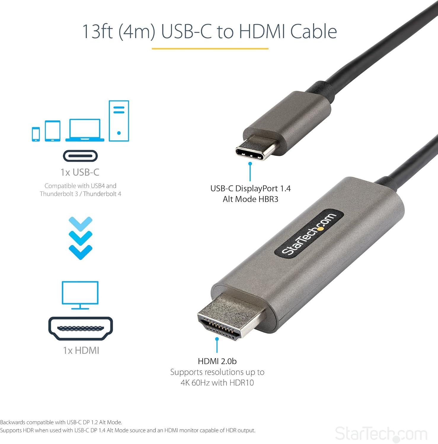 StarTech.com USB-C to HDMI Cable — USB Type-C to HDMI 2.0b, 4K 60Hz HDR10