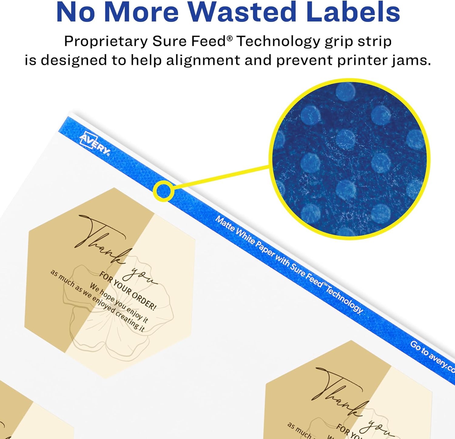 Avery Matte White Hexagon Labels, Sure Feed Technology, 2.5" x 2-57/64", 150 White Labels, Print-to-The-Edge