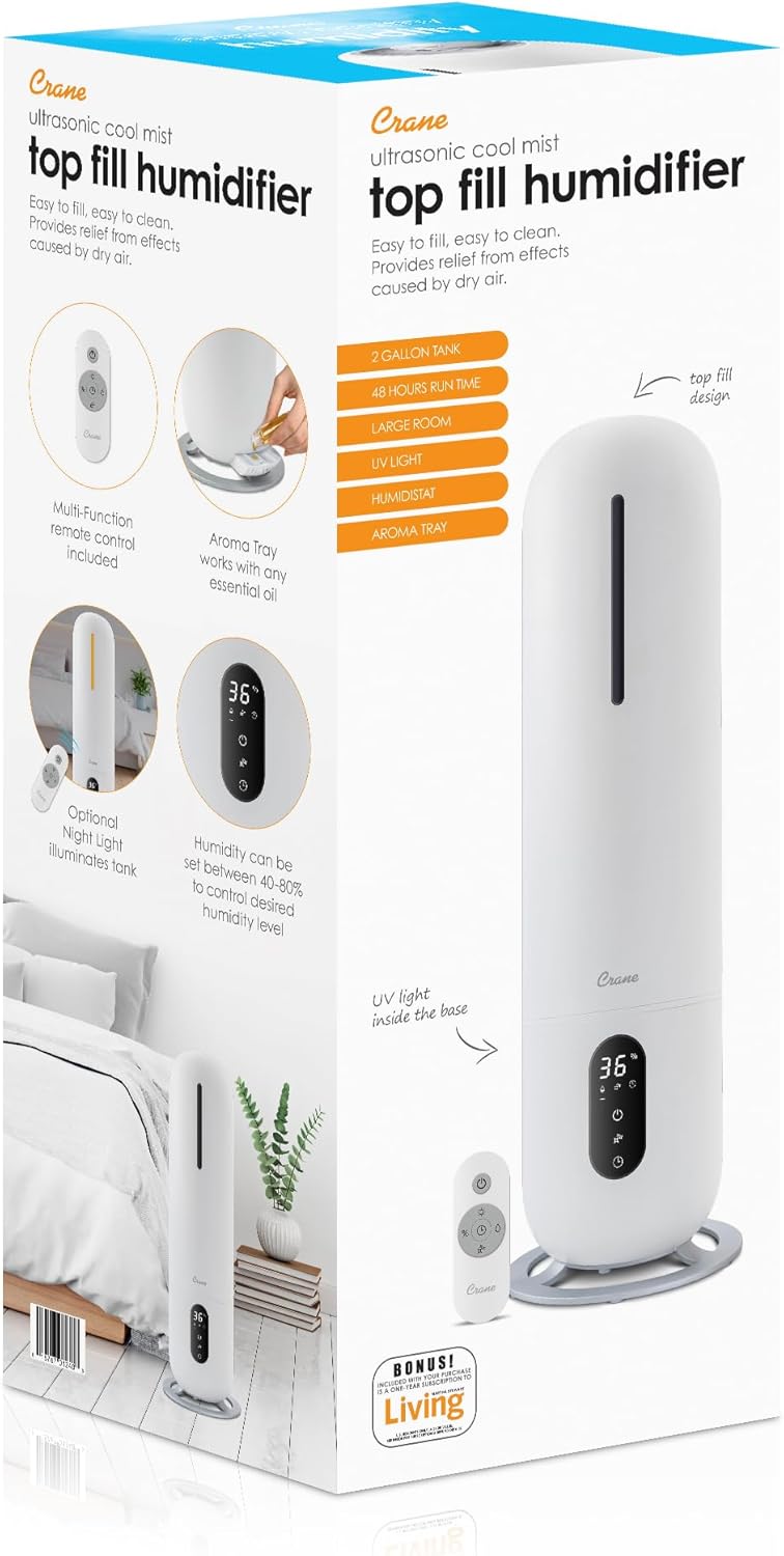 Crane 2 Gallon Top Fill Ultrasonic Cool Mist Tower Humidifier for Home, Whisper Quiet, Filter Free, Dishwasher Safe