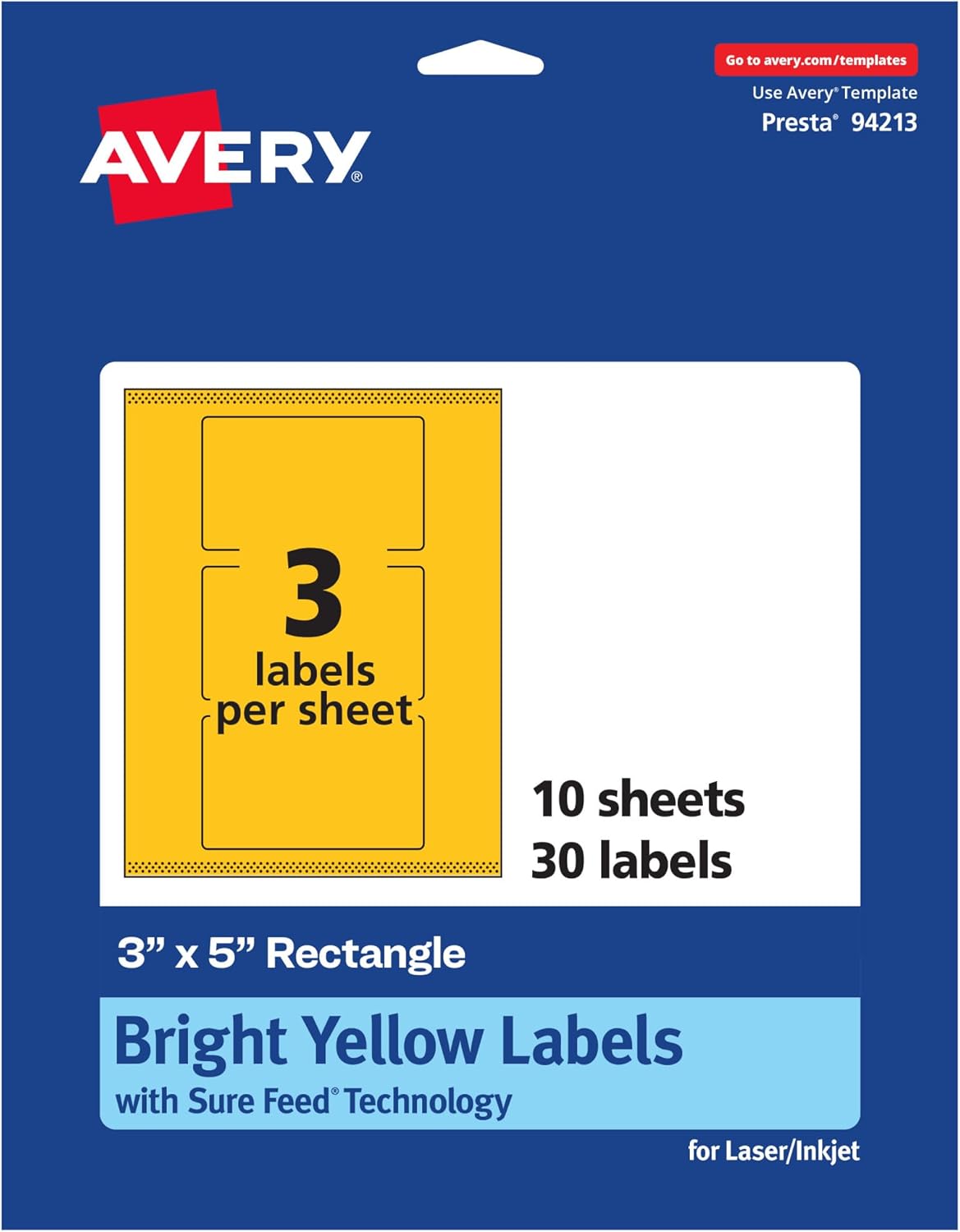 Avery Printable Rectangle Labels, Sure Feed Technology, 3" x 5", Bright Yellow, Print-to-the-Edge, Laser/Inkjet Printable