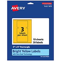 Avery Printable Rectangle Labels, Sure Feed Technology, 3" x 5", Bright Yellow, Print-to-the-Edge, Laser/Inkjet Printable