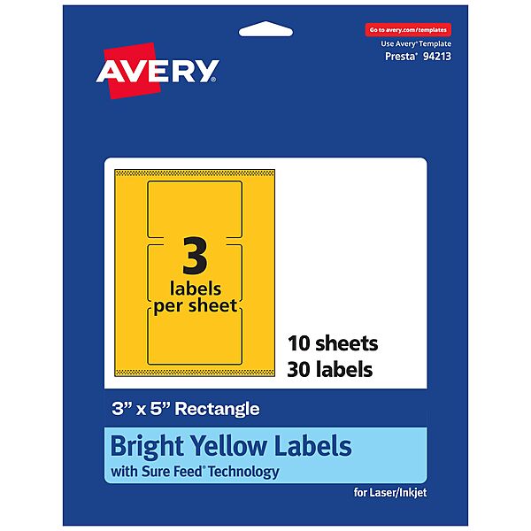 Avery Printable Rectangle Labels, Sure Feed Technology, 3" x 5", Bright Yellow, Print-to-the-Edge, Laser/Inkjet Printable
