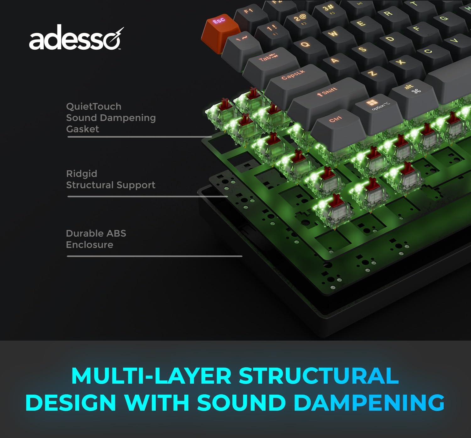 ADESSO EasyTouch 1100 Wired/Wireless/Bluetooth Multi-OS Illuminated Mechanical VIA Compact Keyboard with Copilot Ai Hotkey