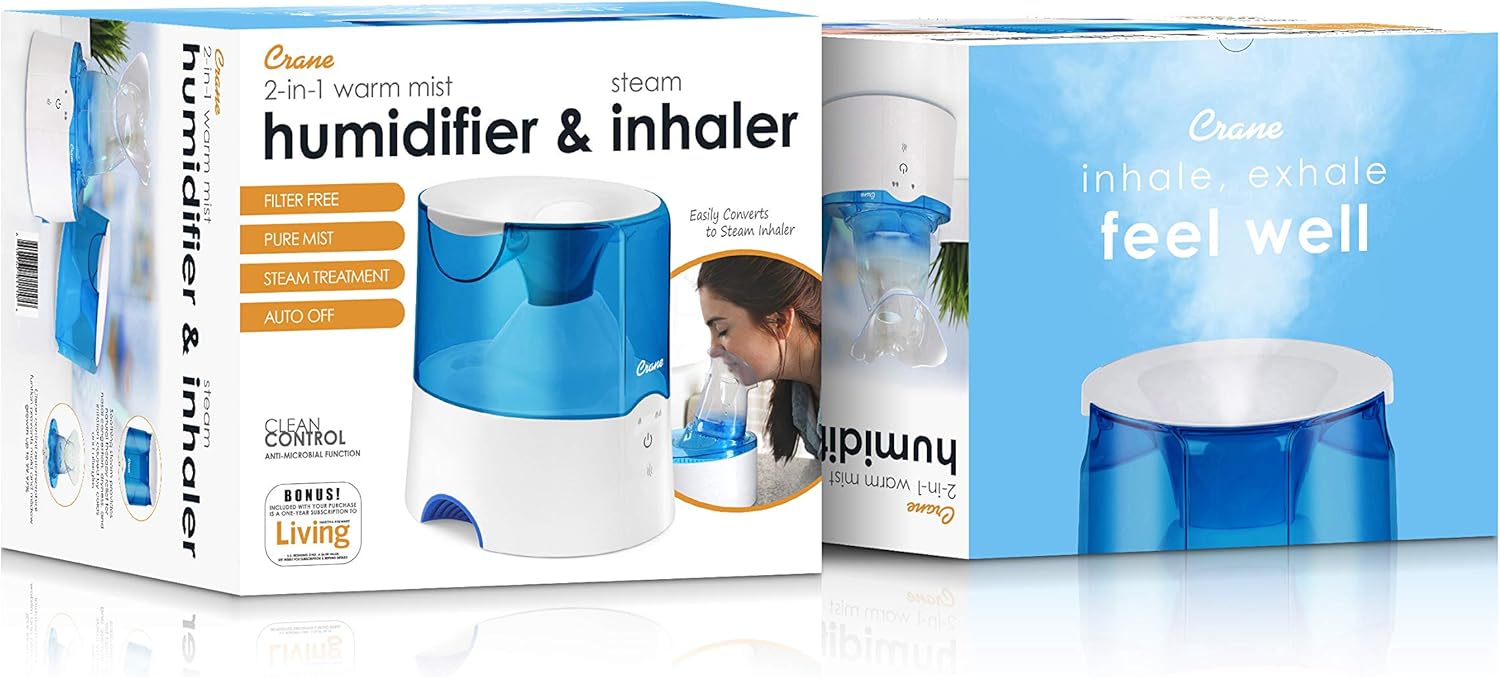 Crane EE-5202 2-in-1 Warm Mist Humidifier & Personal Steam Inhaler, 0.5 Gal, Blue/White