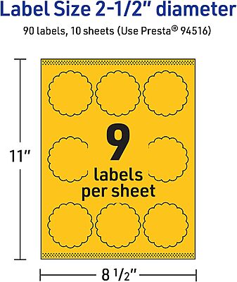 Avery Printable Round Scalloped Labels, Sure Feed Technology, 2.5" Diameter, Bright Yellow Labels, Print-to-The-Edge