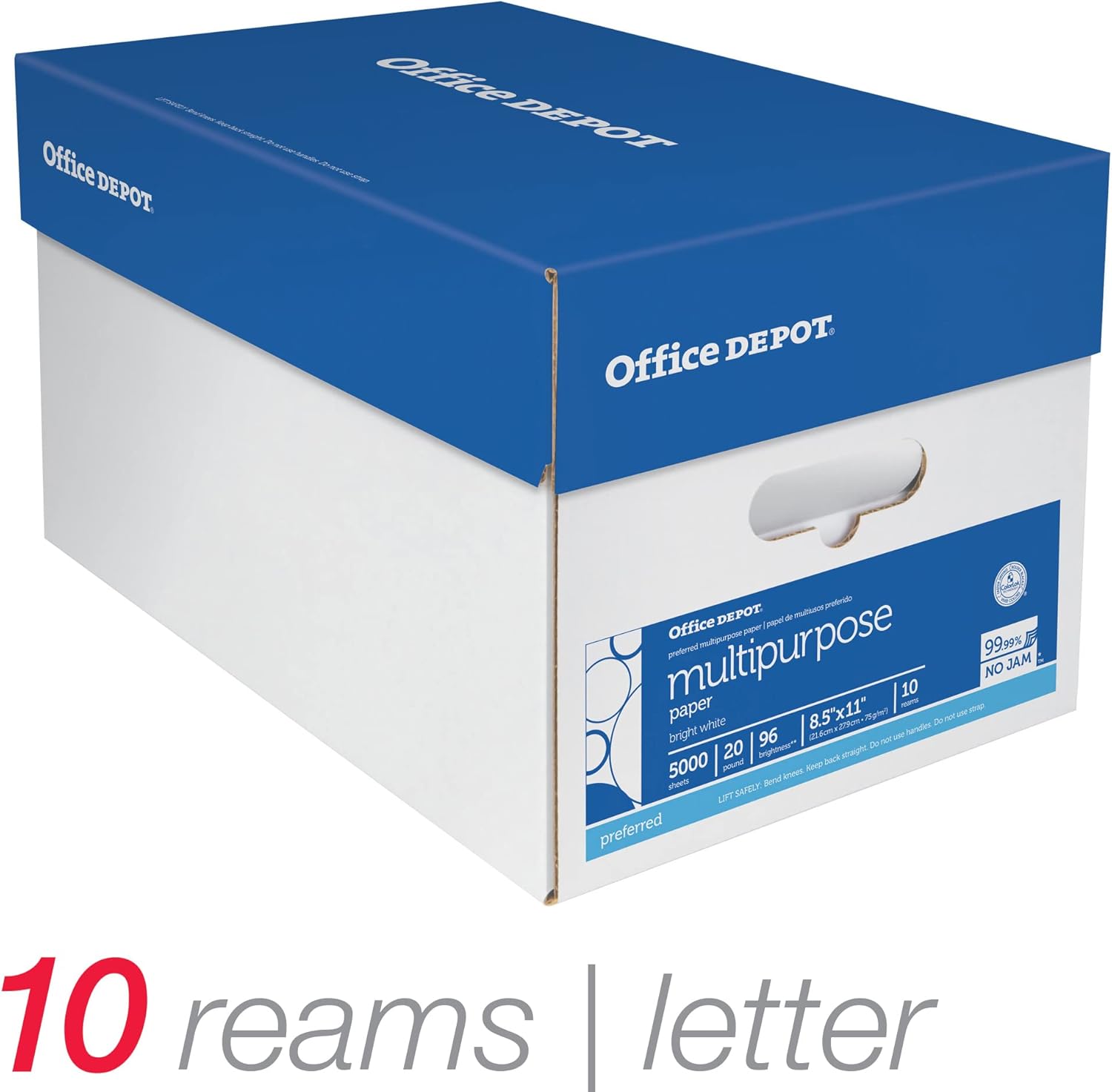 Office Depot Multi-Use Printer & Copy Paper, 10 Reams, White, Letter (8.5in x 11in), 5000 Sheets Per Case, 20 Lb