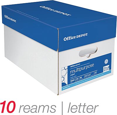 Office Depot Multi-Use Printer & Copy Paper, 10 Reams, White, Letter (8.5in x 11in), 5000 Sheets Per Case, 20 Lb, 96 Brightness