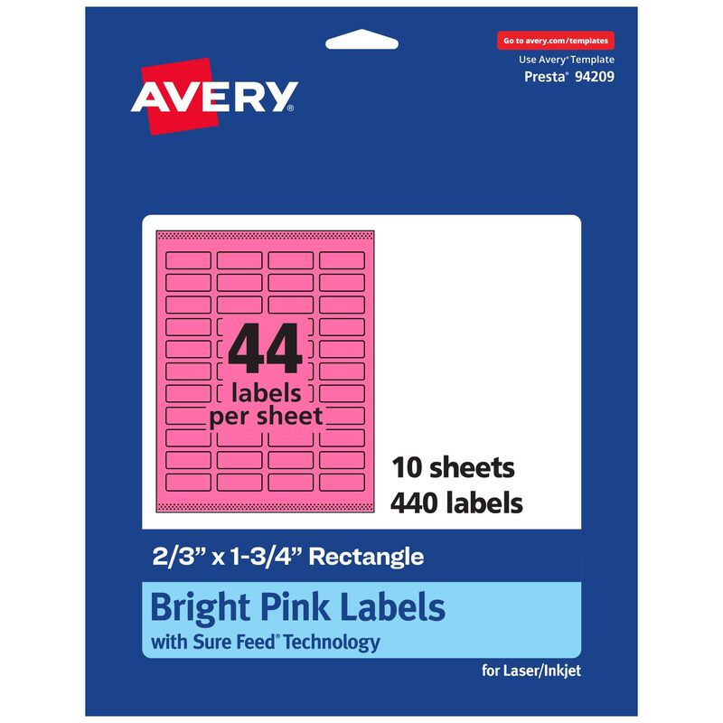 Avery Printable Rectangle Labels, Sure Feed Technology, 2/3" x 1-3/4", Bright Pink, Print-to-The-Edge, Laser/Inkjet Printable