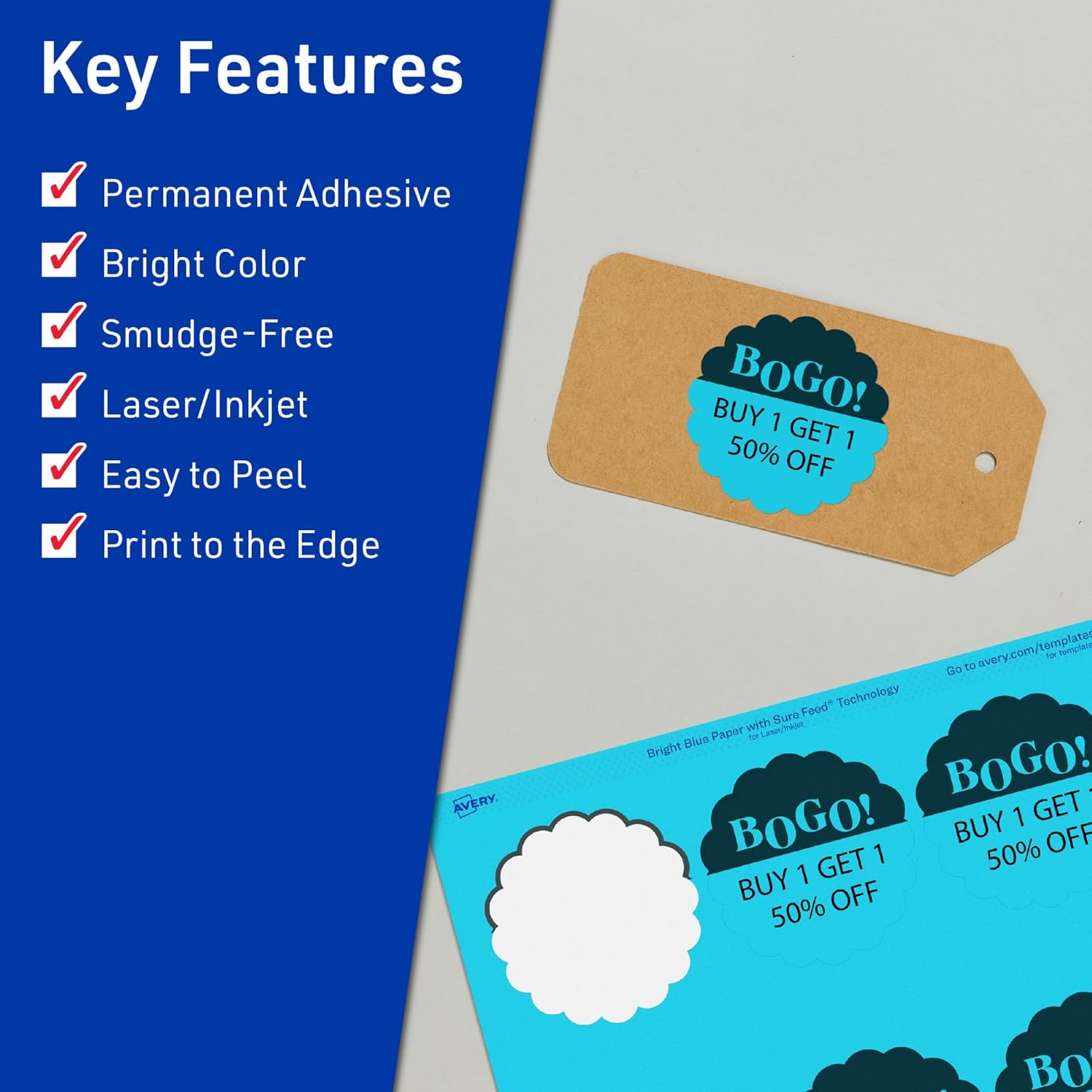 Avery Printable Round Scalloped Labels, Sure Feed Technology, 2.5" Diameter, Bright Blue Labels, Print-to-The-Edge