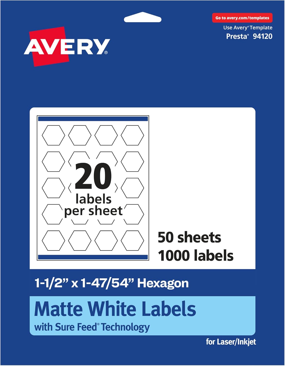 AVERY Matte White Hexagon Labels, Sure Feed Technology, 1.5" x 1-47/54", Print-to-The-Edge, Permanent Adhesive