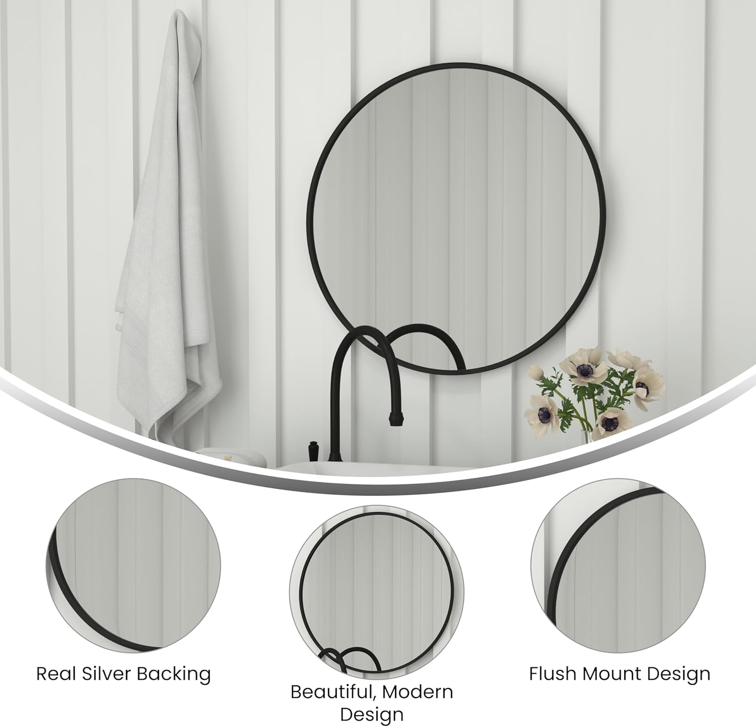 Flash Furniture Julianne Large Round Wall Mirror - Black Circle Accent Mirror