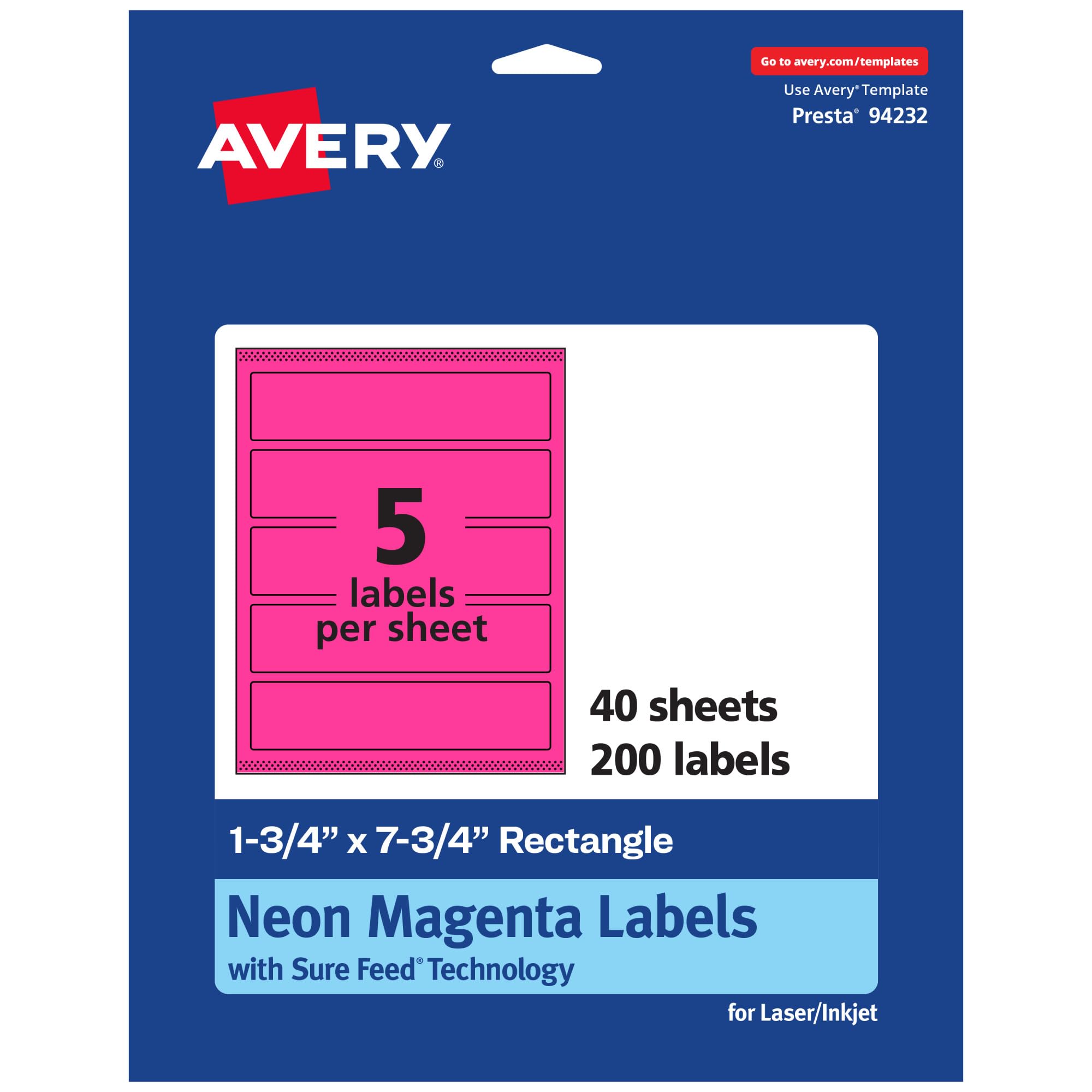 Avery Printable Rectangle Labels, Sure Feed Technology, 1.75 x 7.75, Neon Magenta, Print-to-The-Edge, Laser/Inkjet Printable