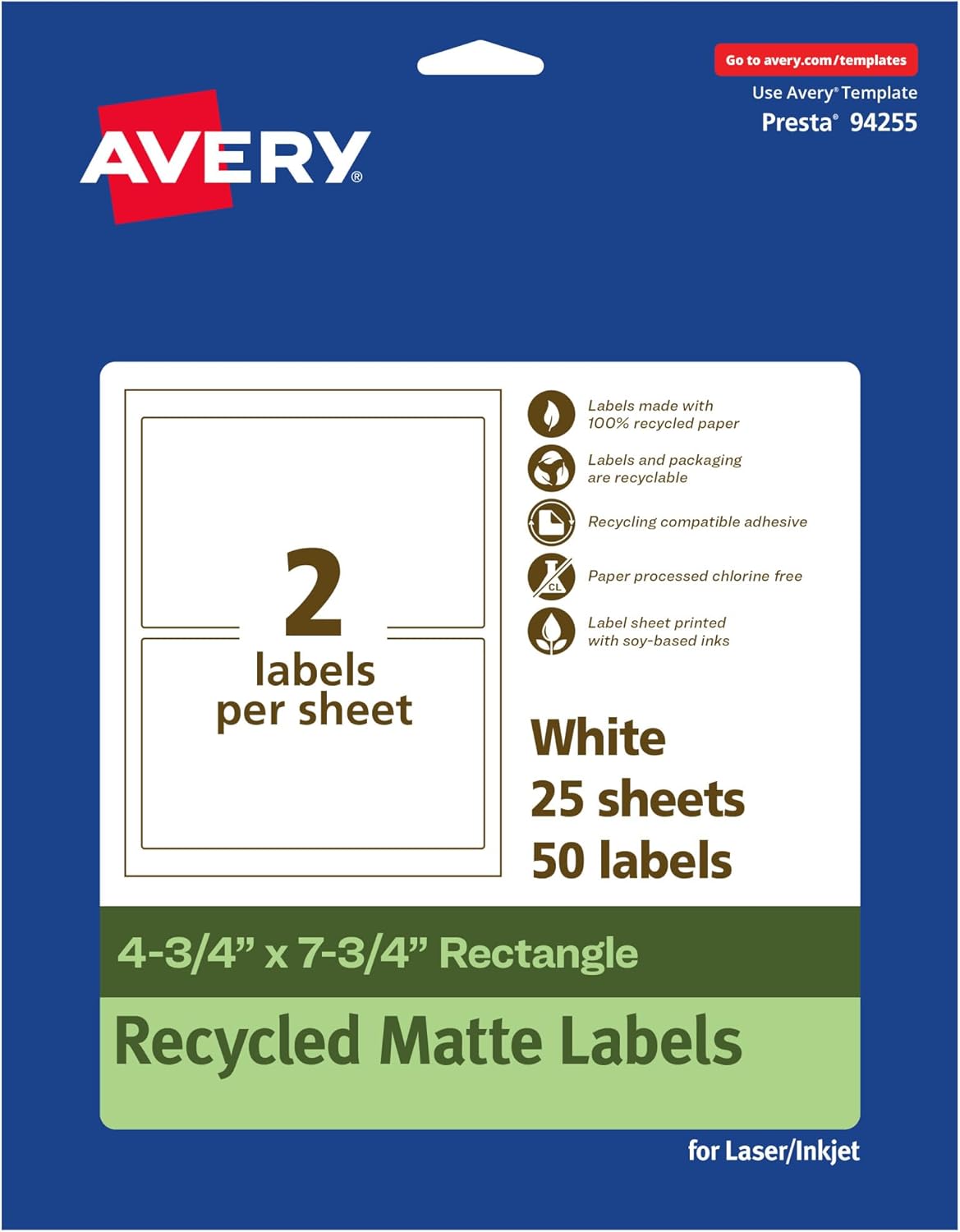 Avery EcoFriendly Matte White Recycled Rectangle Labels, 4.75" x 7.75", Print-to-The-Edge, Permanent Adhesive