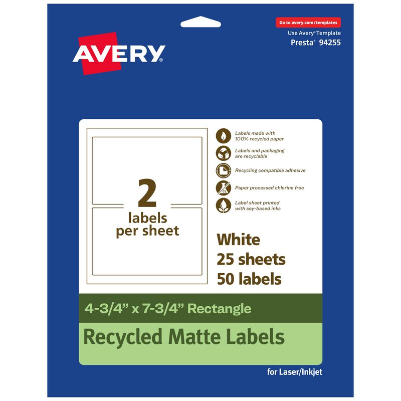 Avery EcoFriendly Matte White Recycled Rectangle Labels, 4.75" x 7.75", Print-to-The-Edge, Permanent Adhesive