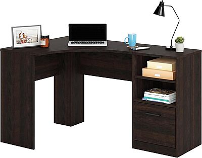 Sauder Beginnings 53inW Corner Desk with Drawer and Shelves, Cinnamon Cherry Finish
