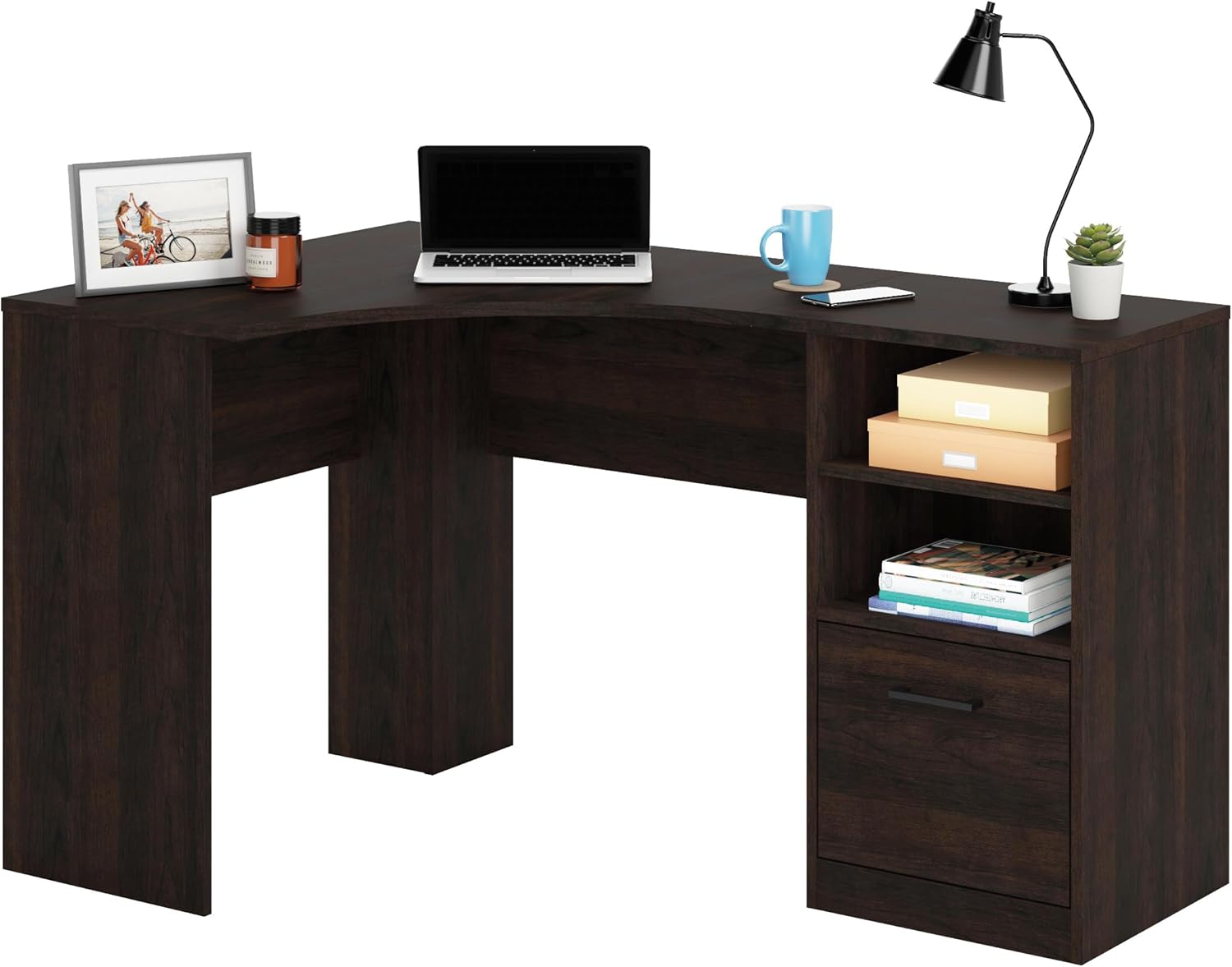Sauder Beginnings 53inW Corner Desk with Drawer and Shelves, Cinnamon Cherry Finish