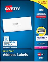 Avery Easy Peel Printable Address Labels with Sure Feed, 1" x 2-5/8" Customizable Stickers, White, 3,000 Blank Mailing Labels, Great for Mailing, Shipping, and More (5160) 3,000 labels