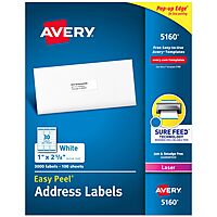 Avery Easy Peel Printable Address Labels with Sure Feed, 1" x 2-5/8" Customizable Stickers, White, 3,000 Blank Mailing Labels, Great for Mailing, Shipping, and More (5160) 3,000 labels