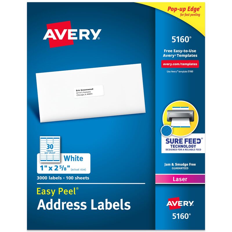 Avery Easy Peel Printable Address Labels with Sure Feed, 1" x 2-5/8" Customizable Stickers, White, 3,000 Blank Mailing Labels, Great for Mailing, Shipping, and More (5160) 3,000 labels