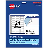 Avery Matte White Removable Rectangle Labels, Sure Feed Technology, Print-to-The-Edge, 1" x 2", 360 Removable Labels, Laser/Inkjet Printable 360 labels