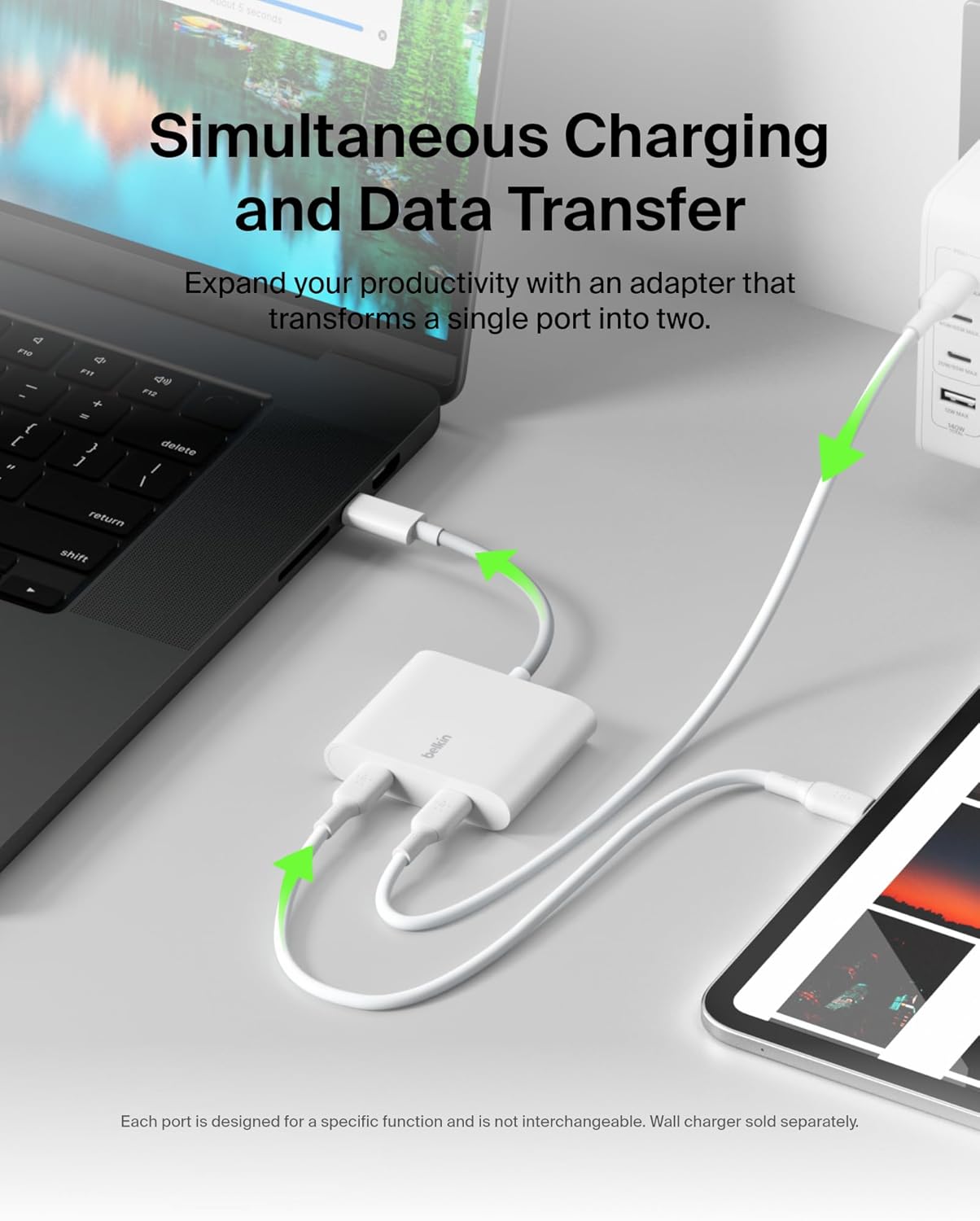 Belkin USB C Splitter - Dual Port Hub - 1 x USB-C 3.2 Gen2 Port & 1 x 100W PD Port