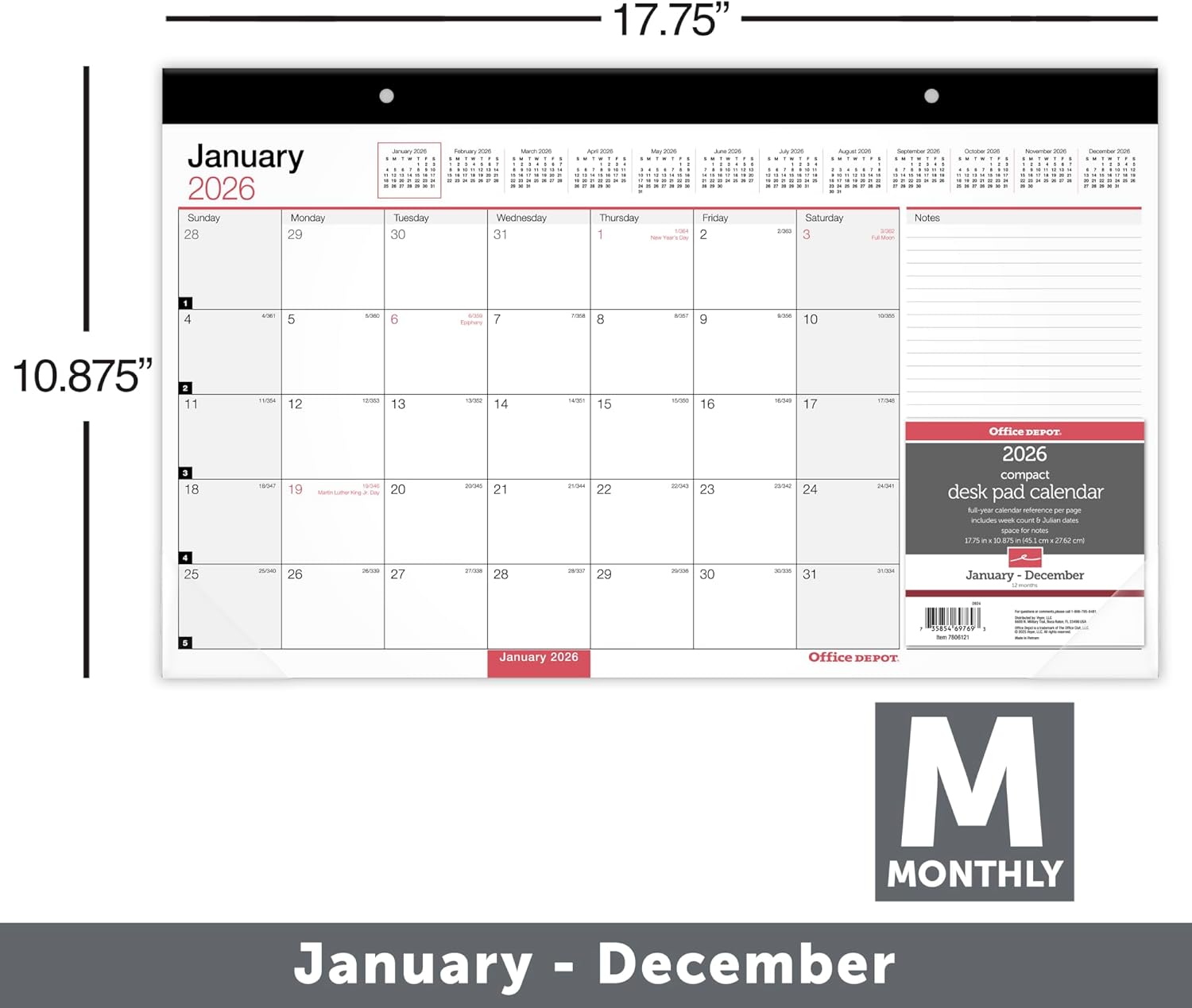 Office Depot Brand Monthly Desk Pad Calendar, 17 3/4" x 11", White, January 2026 to December 2026, OD20100026