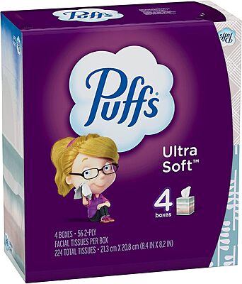 Puffs Ultra-Soft 2-Ply Facial Tissues, 56 Sheets/Box, Pack of 4