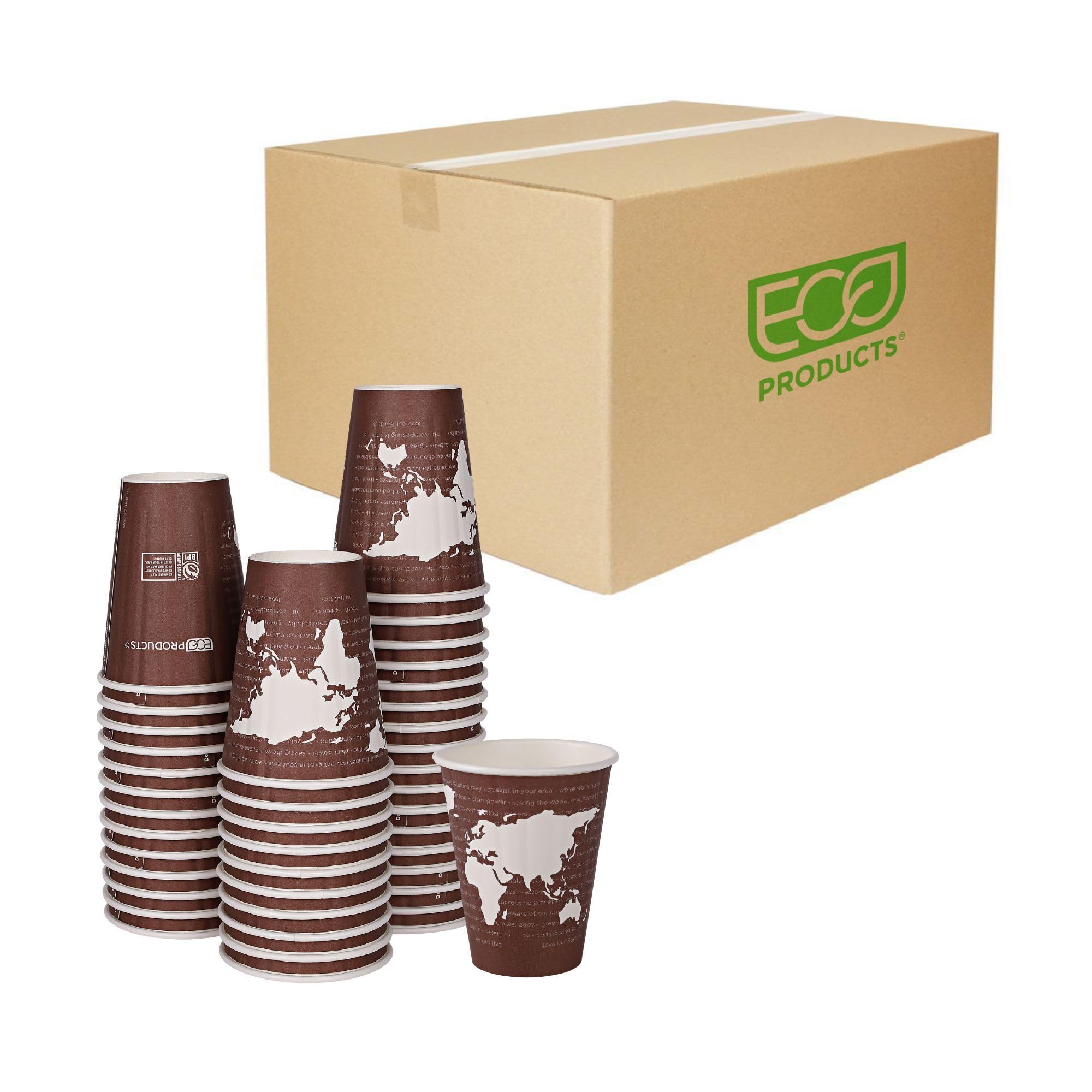 ECO PRODUCTS Compostable Disposable Insulated World Art 8oz Coffee Cups, Case of 800, Renewable Double-wall Hot Paper Cup