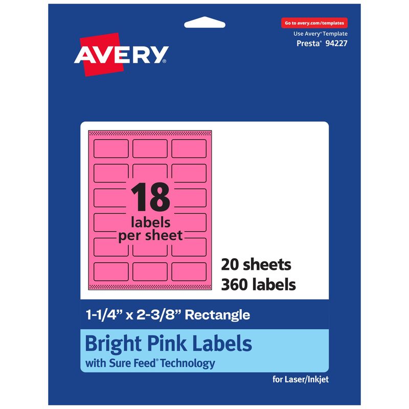 AVERY Printable Rectangle Labels with Sure Feed Technology, 1-1/4" x 2-3/8", Bright Pink, Print-to-The-Edge