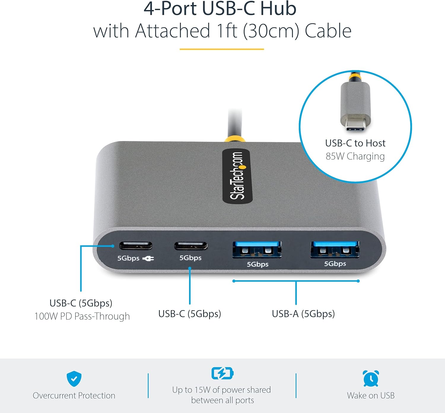 StarTech.com 4-Port USB-C Hub with 100W Power Delivery Pass-Through - 2X USB-A + 2X USB-C - 5Gbps - 1ft (30cm) Long Cable