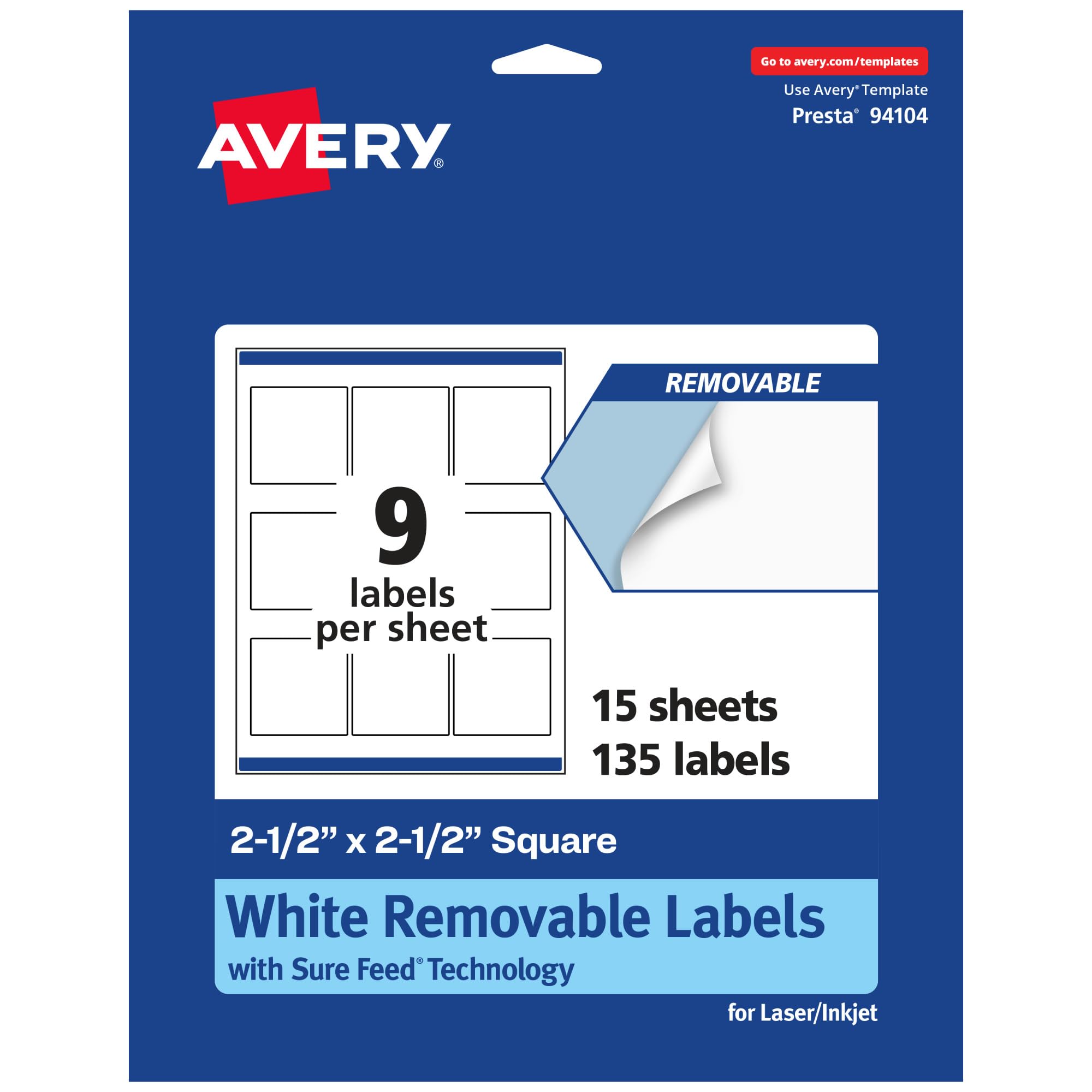 Avery Matte White Removable Square Labels, Sure Feed Technology, 2.5" x 2.5", 135 Removable Labels