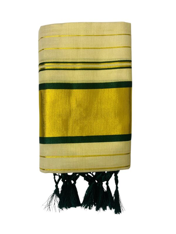 Women's Kuthampully Kerala Kasavu Set mundu Tissue Stripe with Kunjam | Kerala Tissue set mundu onam latest collections | Stripe Kasavu set mundu - Multi Color KTM-911 (Dark-Green)