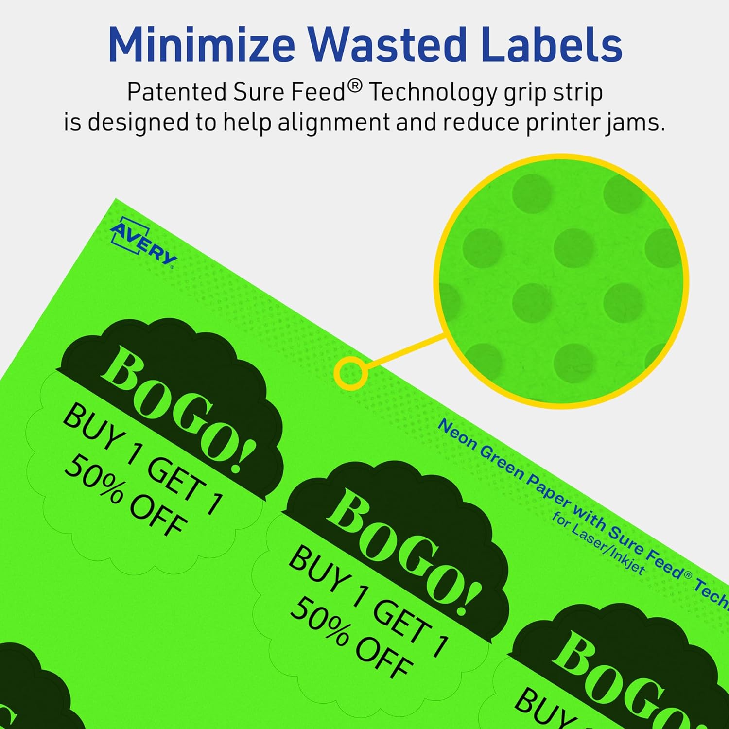 Avery Printable Round Scalloped Labels, Sure Feed Technology, 2.5" Diameter, Neon Green, Print-to-The-Edge