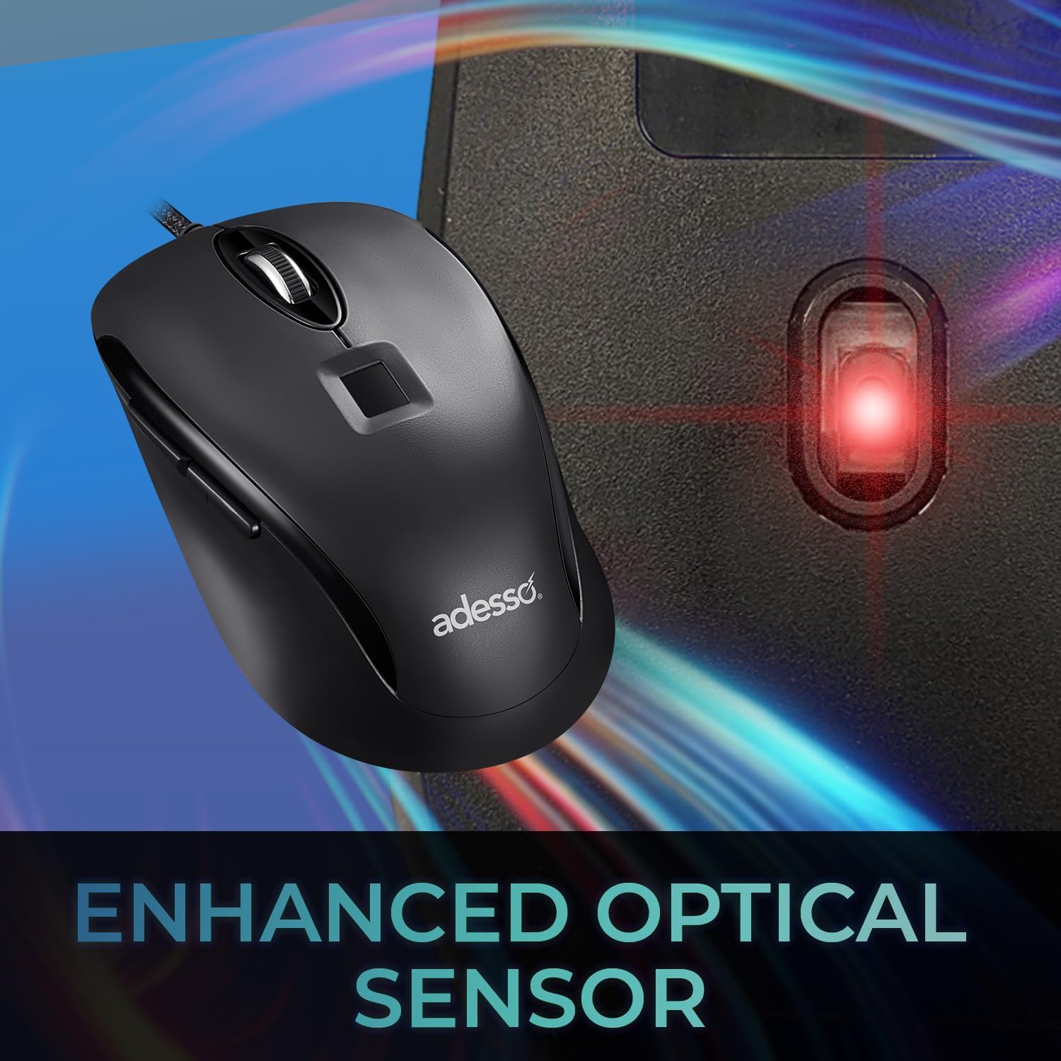 Adesso iMouse F1 Wired USB Mouse with Fingerprint Reader 1200 DPI AES 256 Encryption Biometric Security Windows Hello