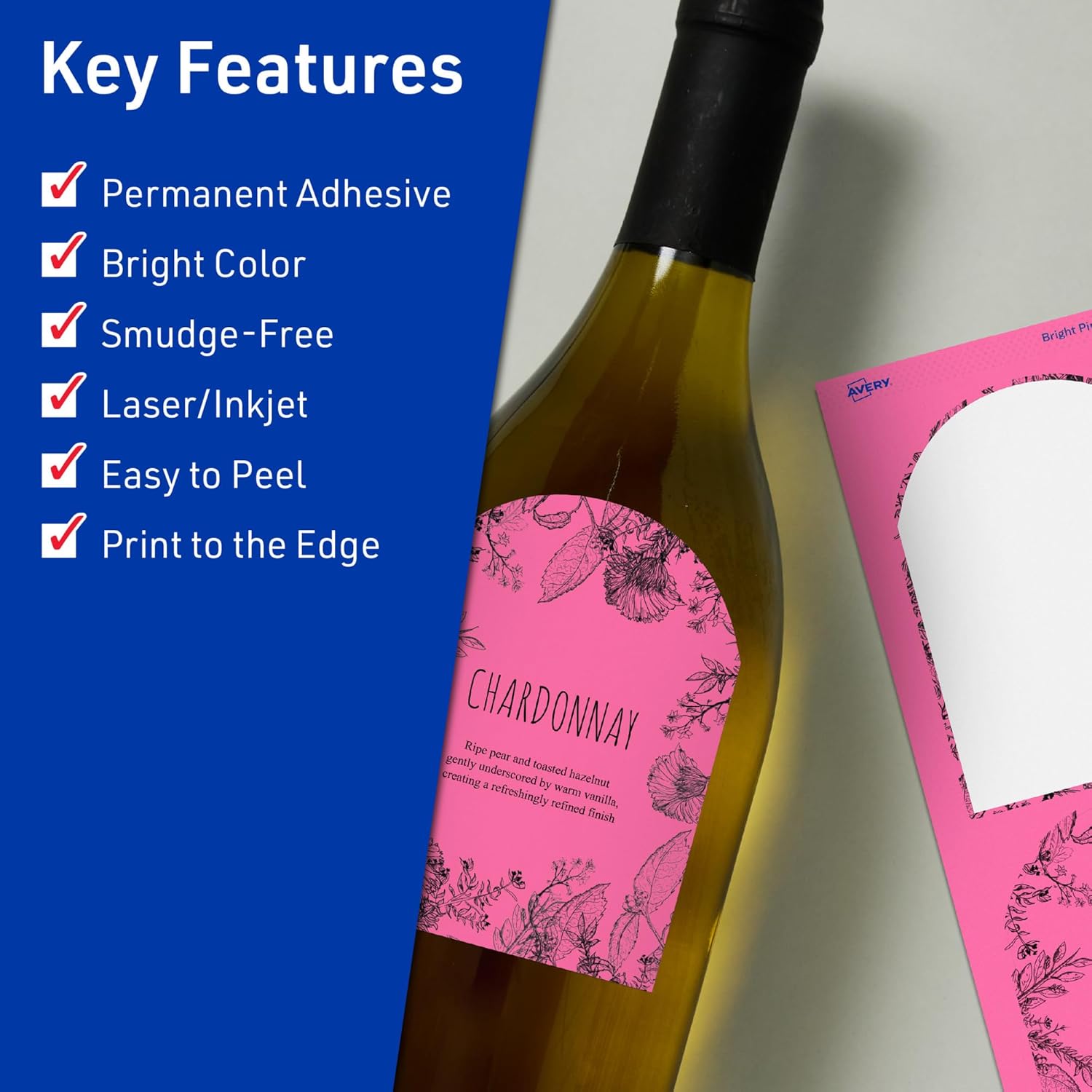 Avery Printable Arched Labels, Sure Feed Technology, 4-3/4" x 3-1/2", Bright Pink Labels, Print-to-The-Edge