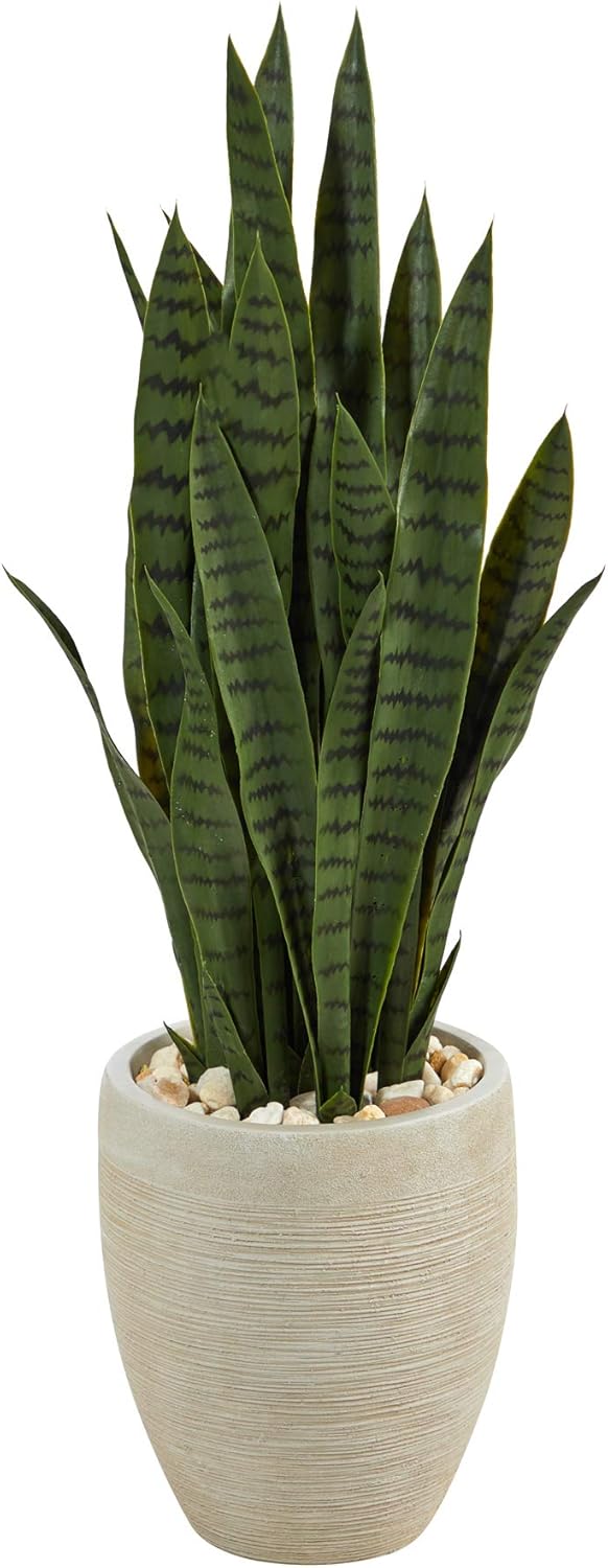 Nearly Natural 40-in Artificial Tall Snake Plant Sansevieria, Faux Snake Plant for Indoor Home Decor in Sand Colored Planter